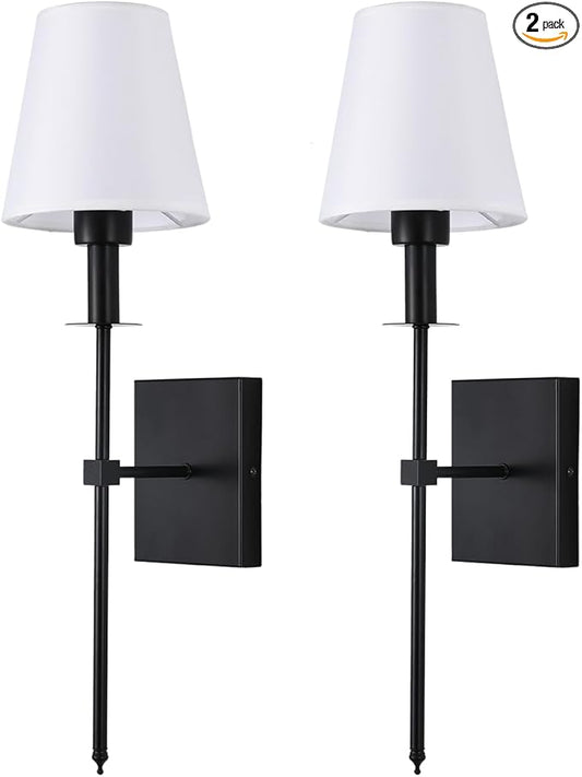 Wall Lamps for Bedrooms Set of 2, Black Retro Wall Mounted Bedside Lamps Sconces Lighting with Fabric Shade for Bedroom Living Room Corridor Kitchen