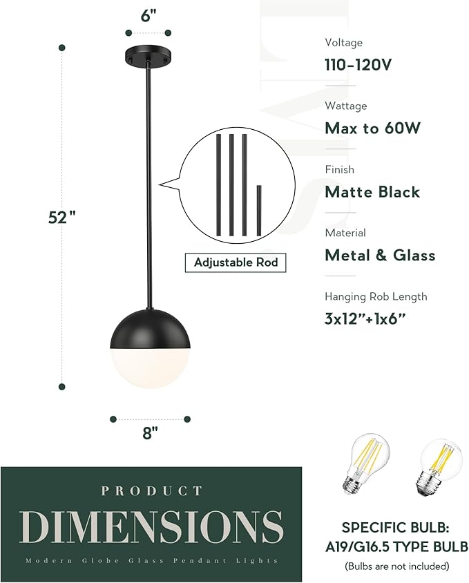 LMS 2 Pack Mid Century Pendant Lights, Matte Black Kitchen Island Light Fixtures with White Globe Glass Shade, Adjustable Hanging Rod Ceiling Light for Home Office Dining Room Bathroom, LMS-186BK2PK