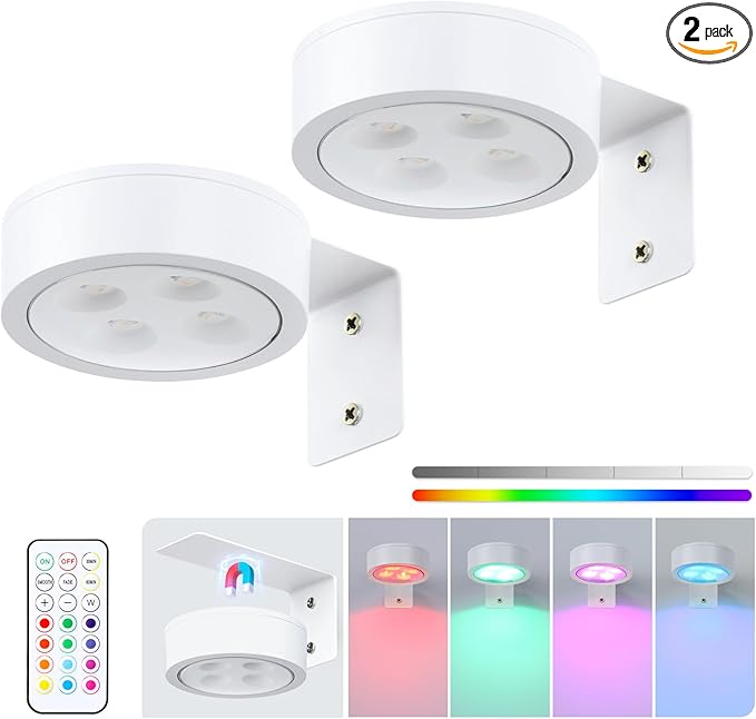 2Pcs Picture Lights for Wall, 13 Color RGB Magnetic Led Art Display Light for Picture Frame, Wireless Battery Operated Painting Light with Remote Control, Party Home Wall Decor Puck Lights, White
