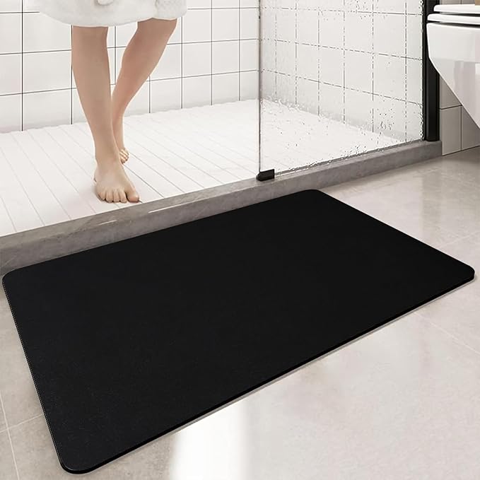 Large Bathroom Rugs Diatomaceous Earth Bath mat Super Absorbent Quick Dry Non Slip Bath Mat Thin Bathroom Floor Mats Fit Under Door-Shower Rug for in Front of Bathtub Shower, Black, 19.6"x31.5"