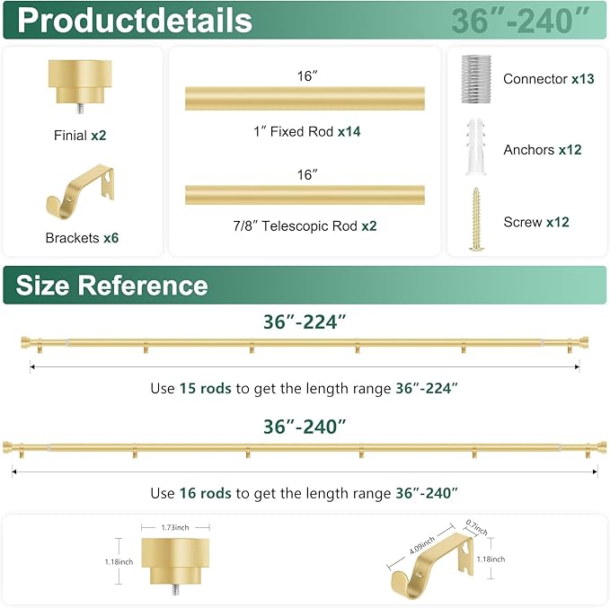 Extra Long Curtain Rods 120-240 Inch(10-20ft), 1Inch Gold Adjustable Heavy Duty Decorative Window Curtain Rods for Bedroom