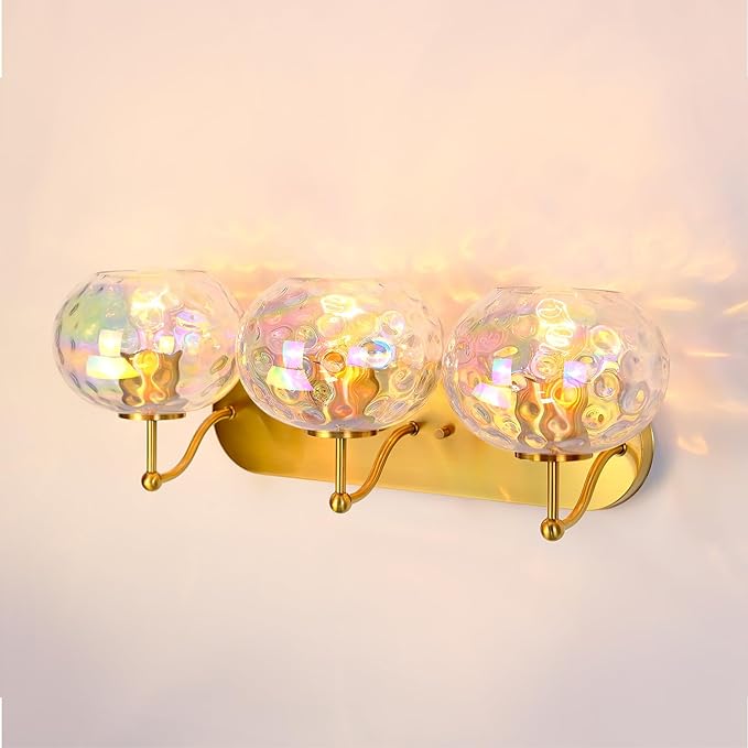 23" Brushed Gold Vanity Light Stained Hammered Glass Wall Sconce 3-Light Brass Wall Lamp for Hallway Living Room Stairwell Bathroom Over Mirror (Brass Gold, 3-Light)