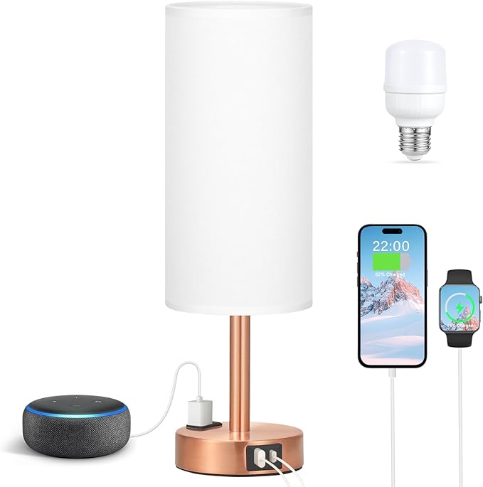 Bronze Nightstand Bedroom Lamp - 3 Way Dimmable Bedside Lamp USB C A Charging Ports and AC Outlet, Small Table Lamp White Linen Lampshade for Desk, LED Bulb Included