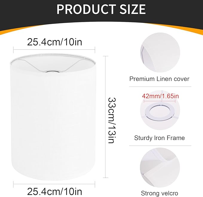 White Linen Tall Drum Lampshade, 10" Top x 10" Bottom x 13" High Lamp Shade, Lamp Shade Replacement for Table and Floor Lamps, Pendant Light, Handcrafted Lampshade, Easy Assembly