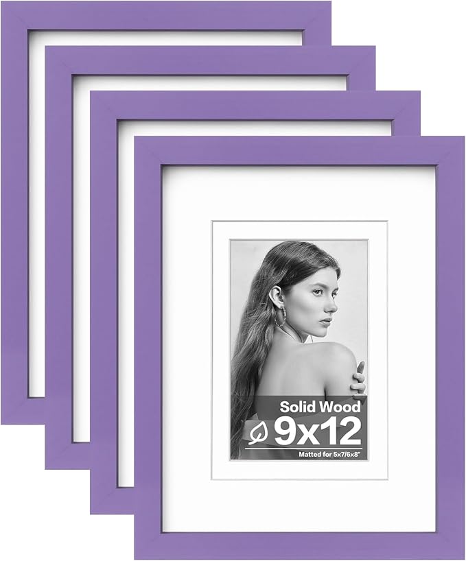 Egofine 9x12 Picture Frames 4PCS Covered by Plexiglass, Wood Frames for Pictures 5x7/6x8 with Mat or 9x12 without Mat, Tabletop and Wall Mounting Display, Purple
