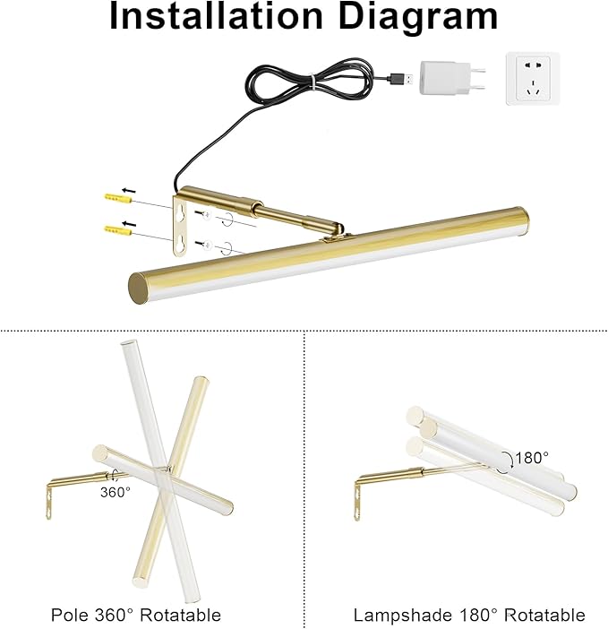 Gold LED Picture Light Plug in, 15.75 Inches Art Light with Remote, 3 Color Lighting, Artwork Light with in-Line On/Off Switch, Metal
