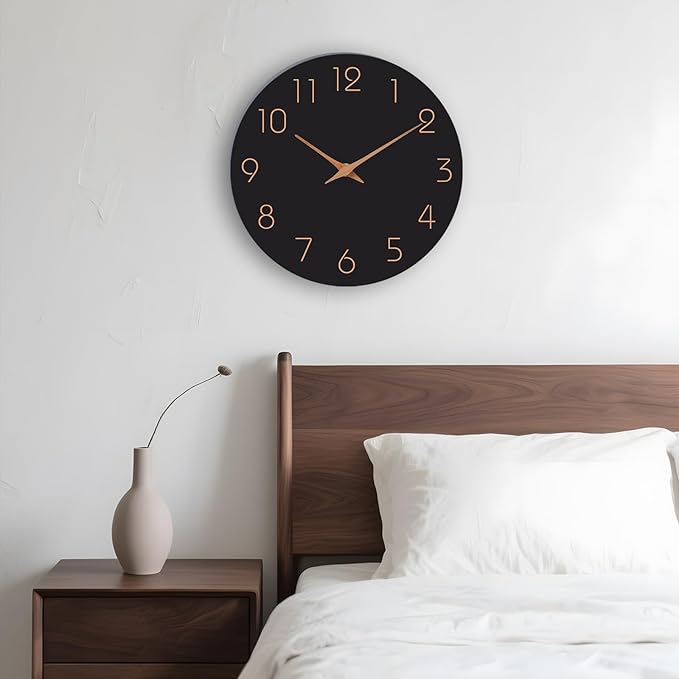 Mosewa Wall Clock Battery Operated 10 Inch Black Silent Non Ticking Simple Minimalist Style Rose Gold Numbers Decorative for Living Room Kitchen Home Office Bathroom