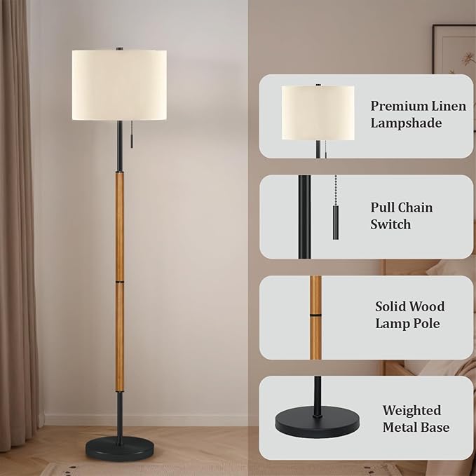 62" Brown Balck Floor Lamp for Living Room, 1200LM 3-Way Dimmable Wood Mid Century Floor Lamp for Bedroom Office, Wood Tall Lamp Linen Lampshade, LED Bulb Included