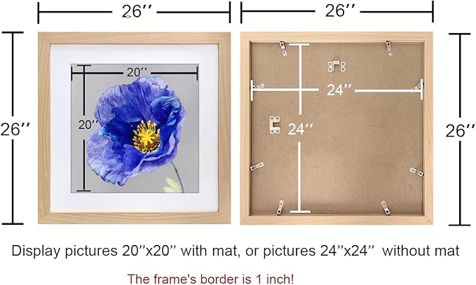 VNVNK 24x24 Frame Natural Wood Color, Perfect for 24x24 Inch Picture without Mat or 20x20 Inch Picture with Mat, Home Wall Decor Picture Frame-1 PCS
