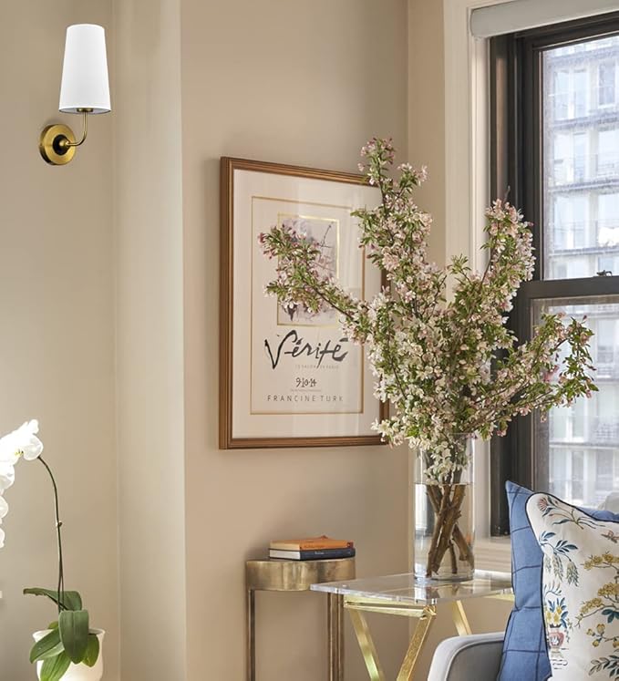 DAYCENT Mid Cnetury Gold Wall Sconces Set of Two 1-Light Modern Fabric Shade Wall Lamp Hardwired Brass Sconces Wall Lighting for Bathroom Bedroom Hallway Living Room