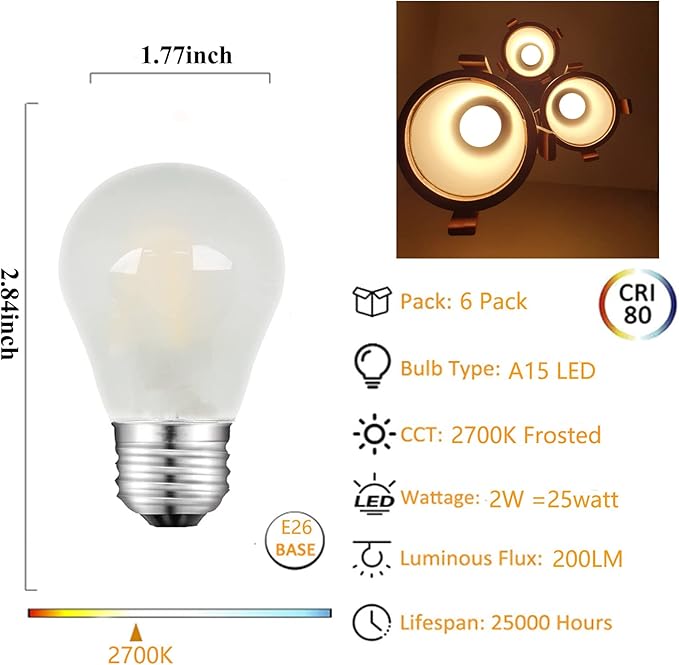 Frosted E26 LED Bulb 25w Equivalent 2700K Warm White 2W LED Light Bulb Dimmable LED Filament Globe Bulb, Short Edison Bulb for Ceiling Fan, Chandelier, Vanity, 6 Pack
