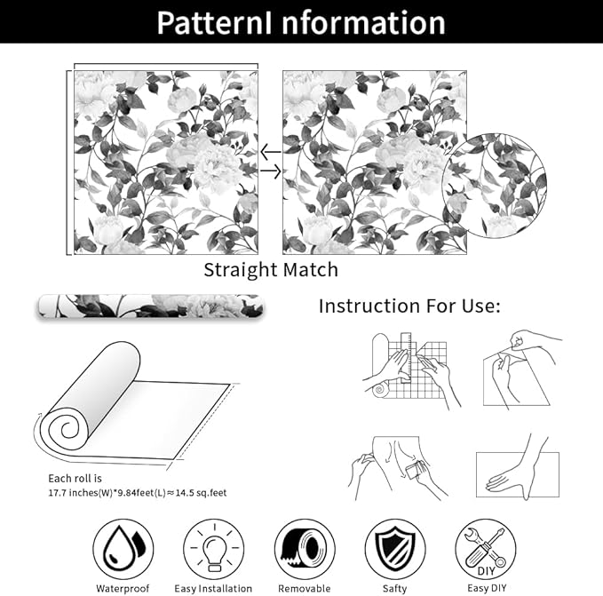 Floral Wallpaper Peel and Stick Black and White Wallpaper Self Adhesive Removable Vinyl Flower Contact Paper for Decorative Bedroom Home Wall (17.7"x118.1")