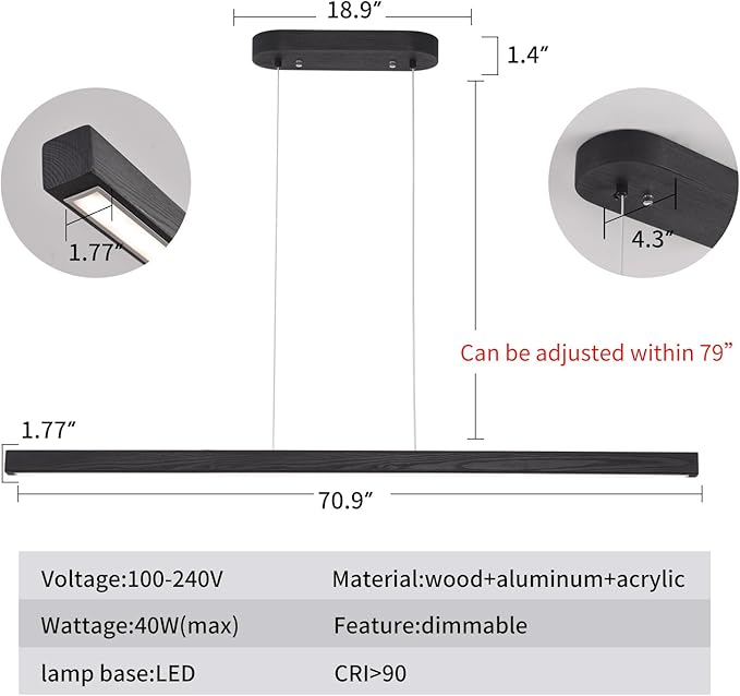 71 Inch LED Linear Pendant Light Black Wood LED Kitchen Island Lighting Dimmable Ceiling Hanging Chandeliers for Dining Room Living Room Bar Pool Table 40W Modern Farmhouse Fixture Black Wood Finish