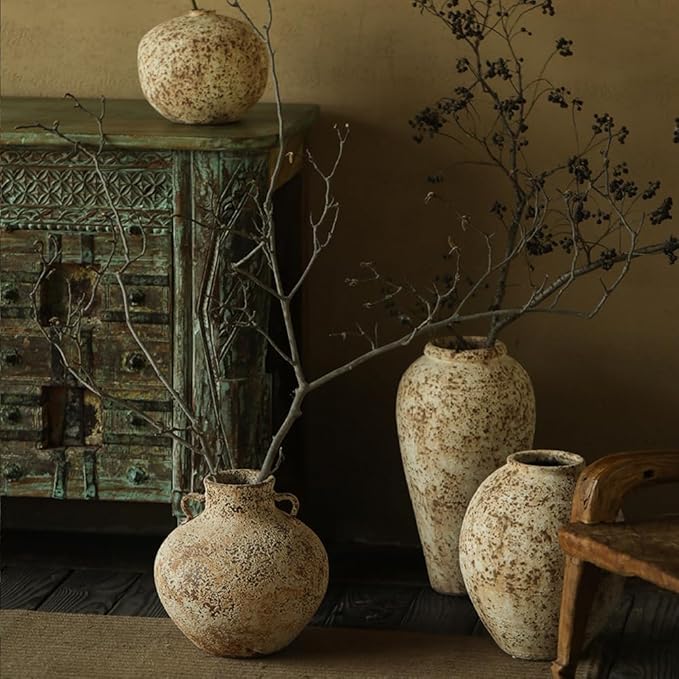 Ceramic Rustic Farmhouse Vase,Extra Large Terra Cotta Vase, Huge Pottery Decorative Flower Vases for Living Room Entryway Table Centerpiece Decor(11.8'' X 11.8'' x 11.8'')