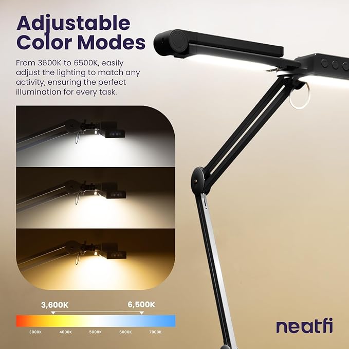 (New Model) Neatfi 3,000 Lumens LED Desk Lamp, Dimmable Light with 360 SMD LEDs, 30W, CRI 95, Adjustable Color Temperature, Task Lamp for Home, Office, and Workbench (CCT with Clamp, Black, 44 Inches)