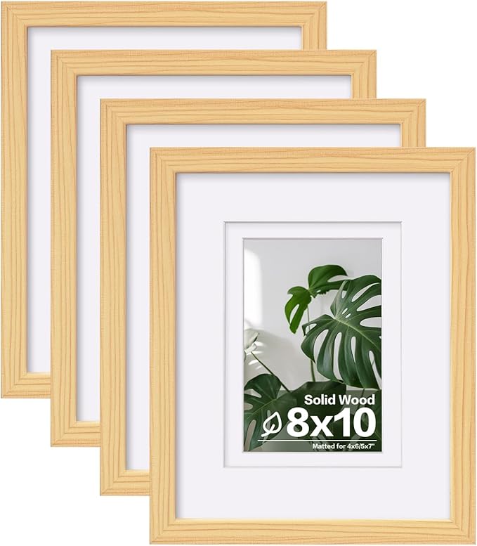 Egofine 8x10 Picture Frames Natural Wood Frames with Plexiglass, Display Pictures 4x6/5x7 with Mat or 8x10 Without Mat Set of 4 for Tabletop and Wall Mounting