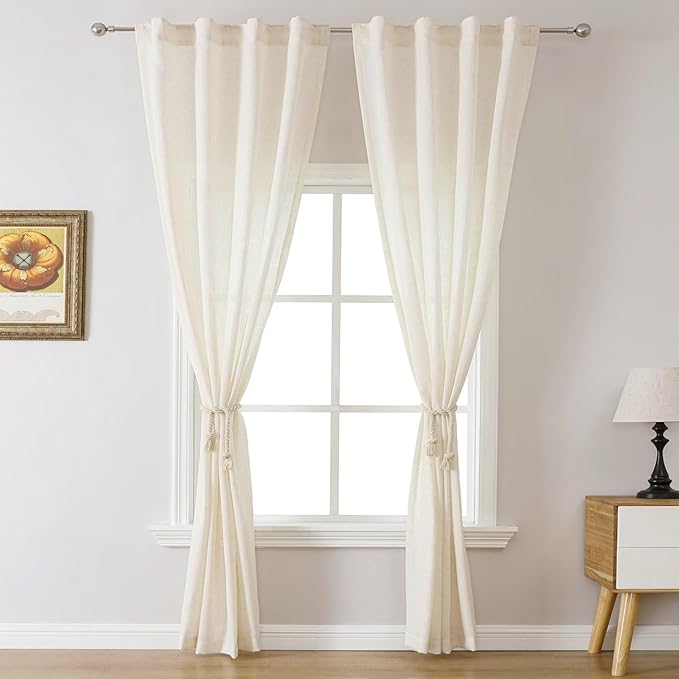 MIUCO Linen Curtains, 95 Inches Long for Bedroom & Living Room, Light Filtering, Modern Neutral Decor, Farmhouse Drapes, Rod Pocket & Back Tab, 2 Panels 2 Tiebacks, 36 Inches Wide Natural