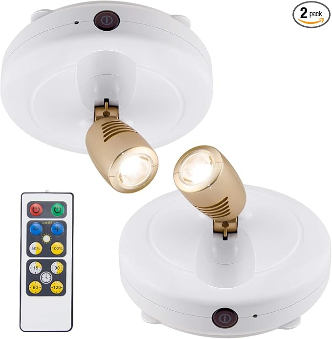 BIGLIGHT Spotlight Battery Operated, LED Puck Light, Dimmable Uplight with Remote, Stick on Accent Light for Painting Picture Wall Artwork Photo Portrait Closet Plants, Warm White, 2 Pack