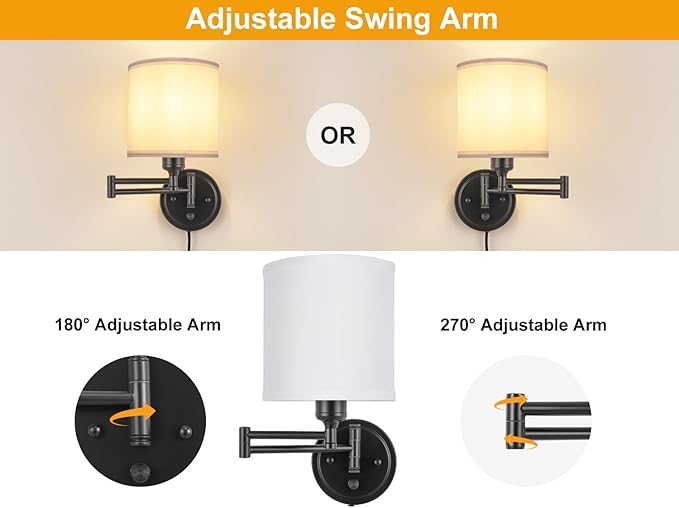 Plug in Wall Sconces with Remote Control, Dimming 10%-100% & Adjustable Colors 2700K-6500K, Hardwire or Plug-in, Swing Arm Wall Lamp with White Fabric Shade, Wall Sconces Set of Two, Black Finish