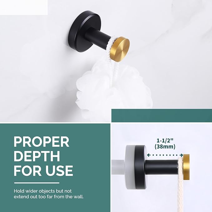 Angle Simple Towel Hook Black & Gold, Stainless Steel Bathroom Hook for Wall, Round Robe Hook, Hand Towel Holder