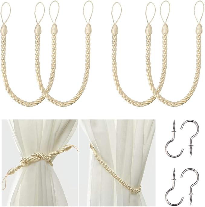 BEL AVENIR Curtain Rope Tiebacks, Drapery Rope Holdbacks with 4 Metal Screw Hooks (Beige, 4pack)