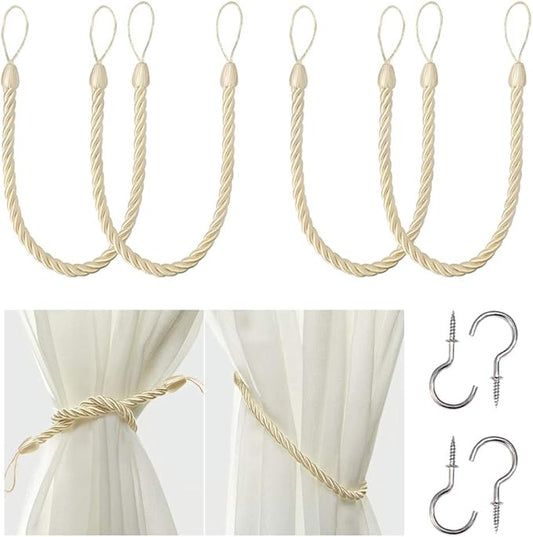 BEL AVENIR Curtain Rope Tiebacks, Drapery Rope Holdbacks with 4 Metal Screw Hooks (Beige, 4pack)