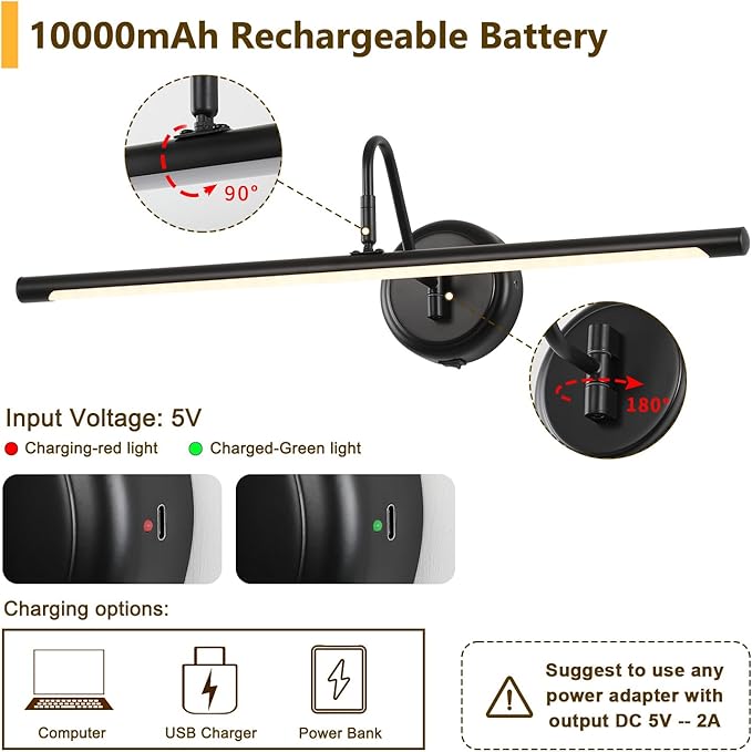 JOOSENLUX Battery Operated Picture Lights Modern Wireless Wall Lights 24.4" Inch Dimmable Under Counter Lights for Kitchen with Swing Arm as Canvas Wall Sconce Light Black 3000K CRI95+