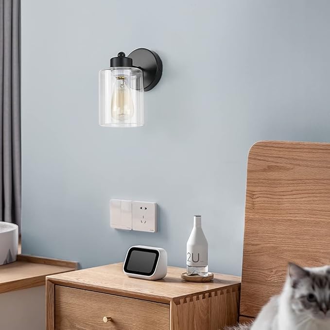 1-Light Bathroom Black Vanity Light Matte Black Wall Sconce Vintage with Clear Glass Shade, Hallway Light Fixture Sconces Wall Lighting