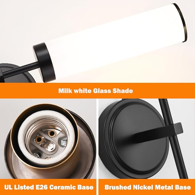 Matte Black Wall Sconces Set of 2, Modern Bathroom Sconces Wall Lighting with Opal White Glass, Vanity Light Fixtures for Bathroom, Wall Mount Lights for Living Room Bedroom Hallway, Hardwired