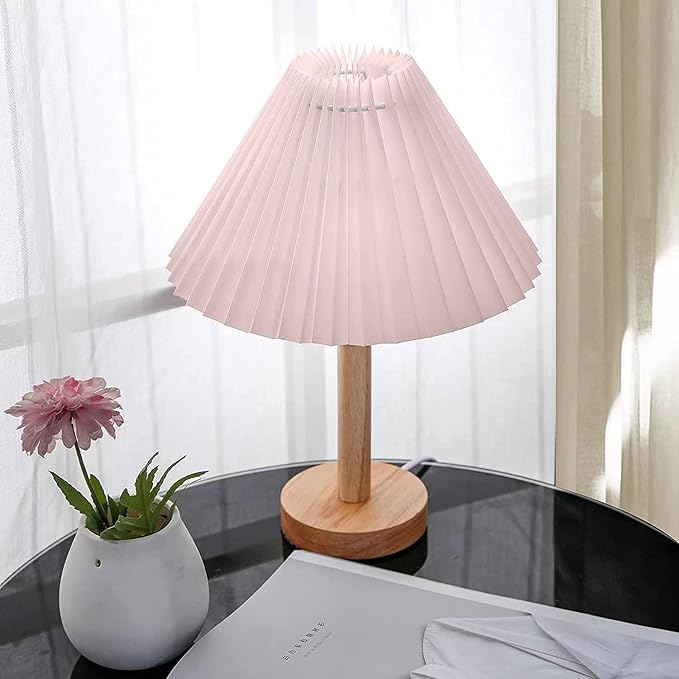 Zenply Korean Pleated Table Lamp, Cute Pink Small Table Lamp Nightstand Lamp, Mini Bedside Lamp for Bedroom Living Room Small Spaces, Small Table Lamp, with LED Bulb