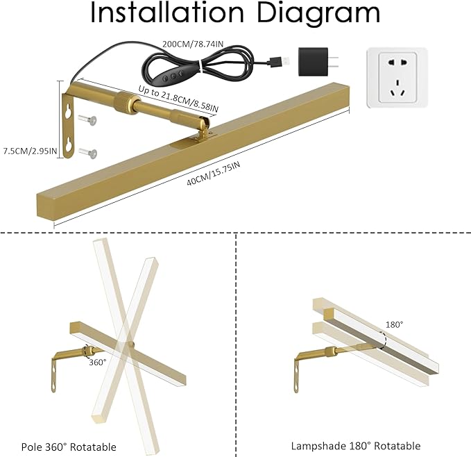 Glod LED Picture Lights for Paintings Plug in,15.75 Inch Adjustable Art Light for Display Art Work, 3 Color Lighting, Plug in Picture Light with Remote for Frame Dartboard, Gold