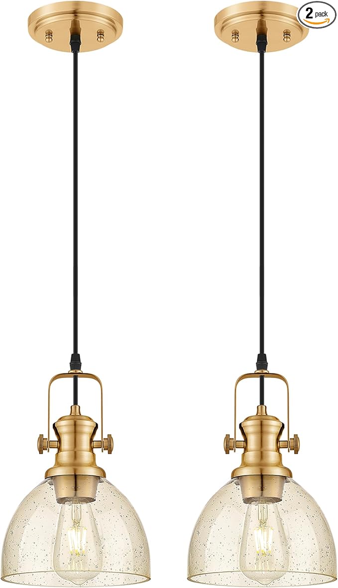 2-Pack Pendant Lights Kitchen Island, 7.5" Farmhouse Pendant Lighting with Amber Seeded Glass Shade, Hanging Light Fixtures for Dining Room, Brushed Gold, AD-22151-1P2-GD-OR