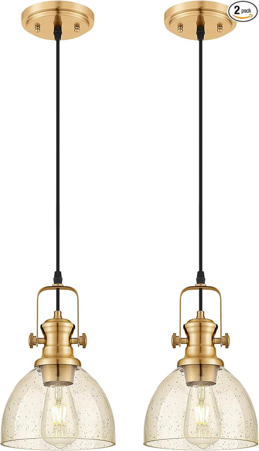 2-Pack Pendant Lights Kitchen Island, 7.5" Farmhouse Pendant Lighting with Amber Seeded Glass Shade, Hanging Light Fixtures for Dining Room, Brushed Gold, AD-22151-1P2-GD-OR