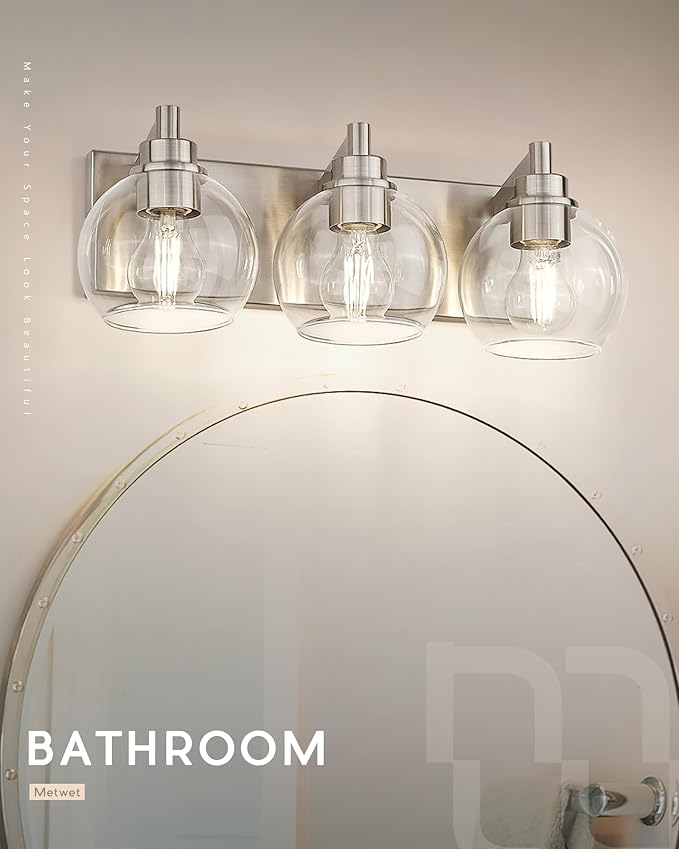 Bathroom Light Fixtures, 3-Light Brushed Nickel Vanity Light, Modern Wall Sconces with Globe Clear Glass Shade, Vanity Lighting Fixtures Over Mirror, VL195-BN-CL-3