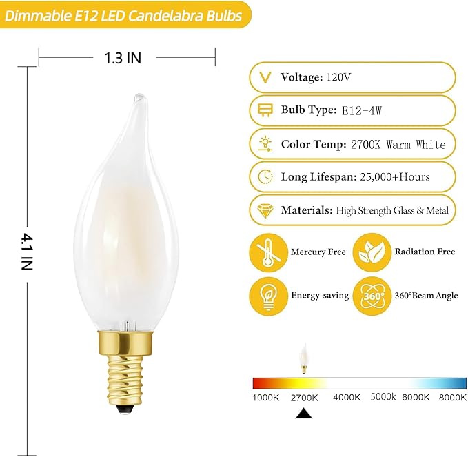 E12 Candelabra LED Bulb 40w, Frosted LED Chandelier Light Bulbs,4W Equal 40W,Type B 2700k Warm White,400LM,AC120V, Flame Tip,Dimmable for Ceiling Fan,Dining Room,Kitchen Fixture (12 Pack)