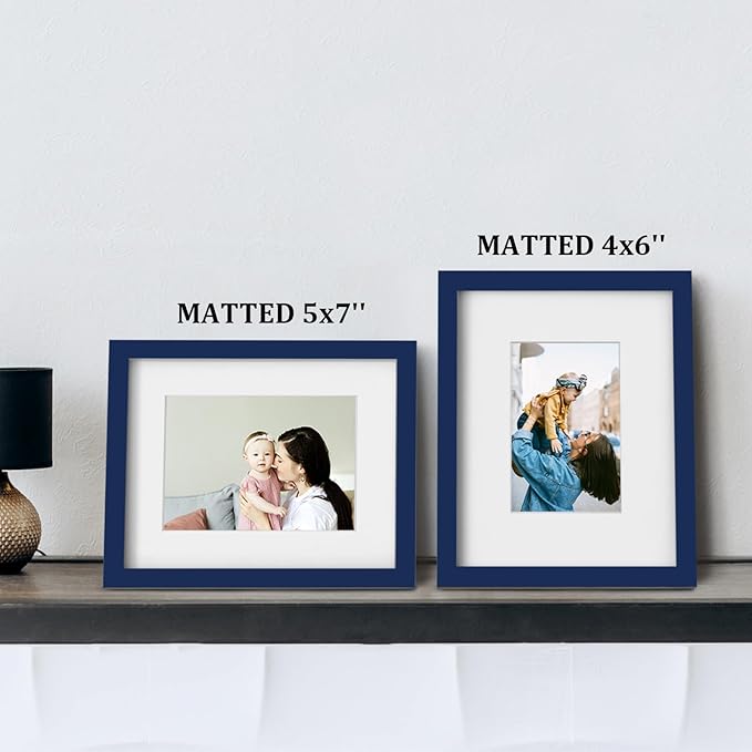Egofine 8x10 Picture Frames 4PCS, Made of Solid Wood Display 4x6 and 5x7 with Mat Covered by Plexiglass, for Table Top Display and Wall Mounting Photo frame, Navy Blue