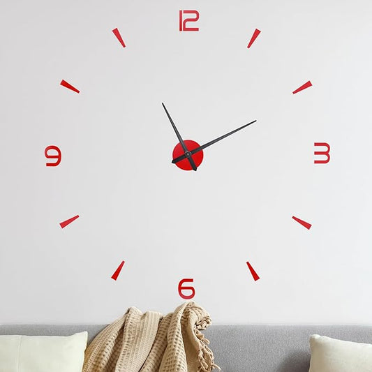 1-Pack 3D DIY Wall Clock,51 Inch Modern Frameless Battery Operated Surface with 4 Mirror Numbers Stickers for Living Room/Office/Home/Surface Wall Decor [Red]