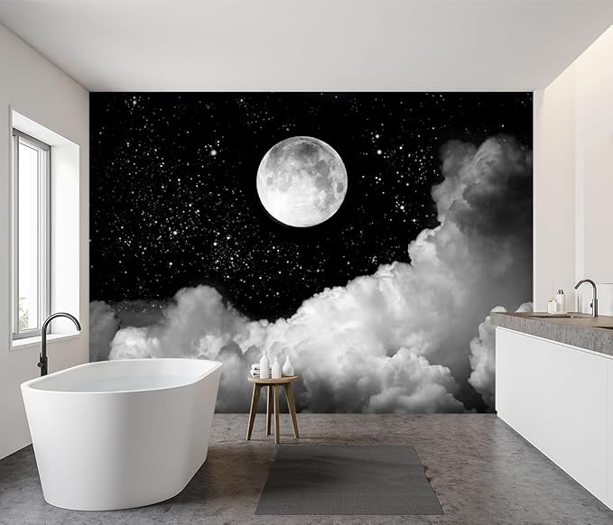 -Gray Galaxy Universe Moon Fabric Wallpaper Ceiling Starry Night White Clouds Living Room Bedroom Bathroom Boys and Girls Children's Room Large Mural- 183"x120"（ not Peel and Stick）