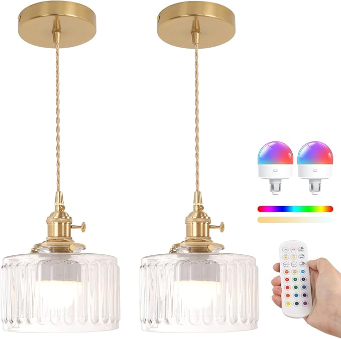 Battery Operated Pendant Light 5000mAh Rechargeable Chandelier with Remote Control Wireless Adjustable Hanging Clear Striped Light for Kitchen Island Dining Room Hallway, 2 Pack