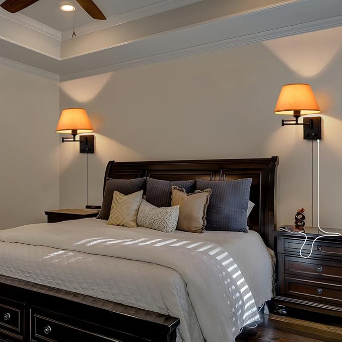 Swing Arm Wall Sconces, Plug-in Wall lamp,Bedroom Wall lamp ， White Fabric Shade with dimmable Switch and USB Charging Port,Suitable for Bedside,Living Room,Reading (Black. Gold Shadow)