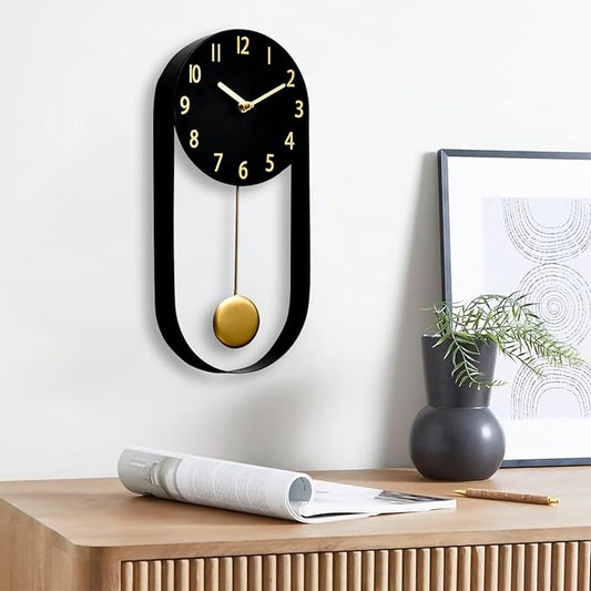 8 Inch Black Wall Clock with Gold Pendulum, Silent Modern Metal Wall Clock, Minimalist Decorative Pendulum Timepiece for Living Room, Office, Kitchen