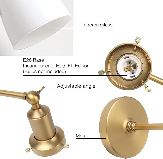 PERMO Industrial Vintage Slope Pole Wall Mount Single Sconce with 5.5" Oval Dome Milk White Glass Shade Wall Sconce Light Lamp Fixture (Antique)