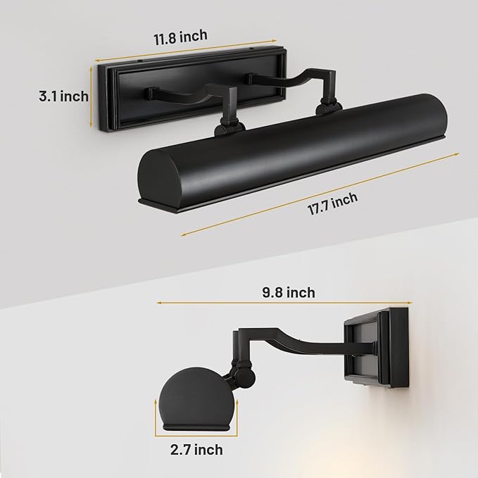 18in Black Picture Lights Hardwired, 3 Light Modern Bronze Picture Light for Wall, Rotatable Art Light Over Picture Frame for Living Room, Bookcase, Artwork, Poster (Includes Bulbs)