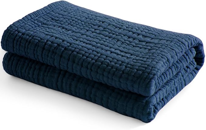 Carriediosa 100% Cotton Muslin Throw Blanket 108" X 90" King Size，4-Layers Summer Gauze Throws for Bed Couch，Soft Lightweight Breathable Linen Blankets Bedspread for Adults All Season，Navy Blue