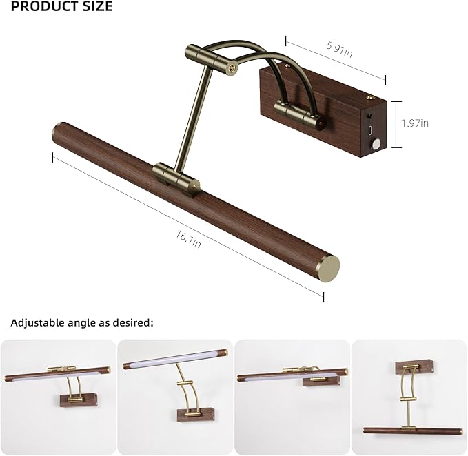 Wireless Picture Lights for Wall Rechargeable,16.1" Battery Operated Art Light for Paintings,3CCT Dimmable with Remote,Rotatable Gallery Light for Pictures Display,Wood Grain