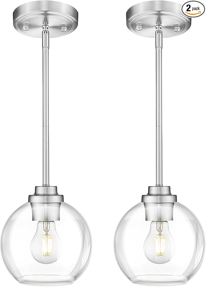 Globe Pendant Light Fixture, Modern Brushed Nickel Hanging Light with Clear Glass for Kitchen Island Dining Room Bedroom Hallway Foyer (1 Pack), PL101BN-2PK