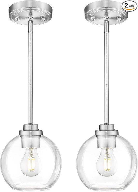 Globe Pendant Light Fixture, Modern Brushed Nickel Hanging Light with Clear Glass for Kitchen Island Dining Room Bedroom Hallway Foyer (1 Pack), PL101BN-2PK
