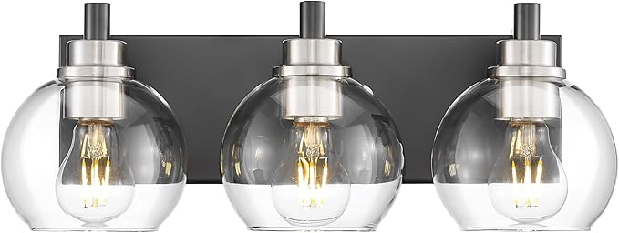 Bathroom Light Fixtures, 3-Light Black and Brushed Nickel Bathroom Vanity Light, Modern Wall Sconces with Globe Clear Glass Shade, Vanity Lighting Fixtures Over Mirror, VL195-KN-3
