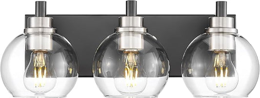 Bathroom Light Fixtures, 3-Light Black and Brushed Nickel Bathroom Vanity Light, Modern Wall Sconces with Globe Clear Glass Shade, Vanity Lighting Fixtures Over Mirror, VL195-KN-3