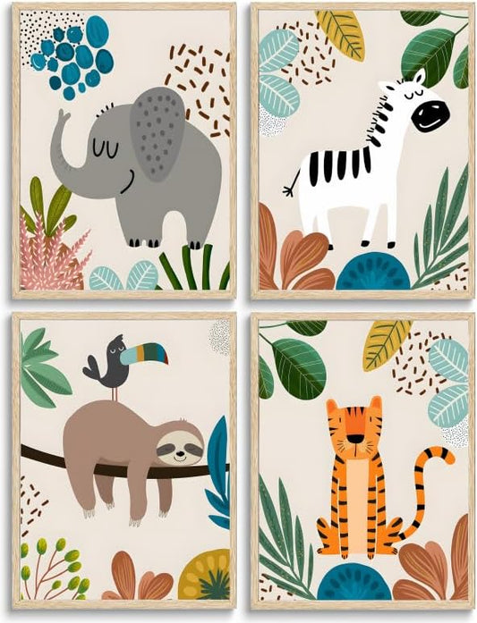 FJKLRP 4pcs Safari Nursery Wall Art Zebra elephant tiger monkey Pictures Poster Cute Animal Canvas Paintings Prints Decor for Kid Room Baby Room Wall Decor Unframed